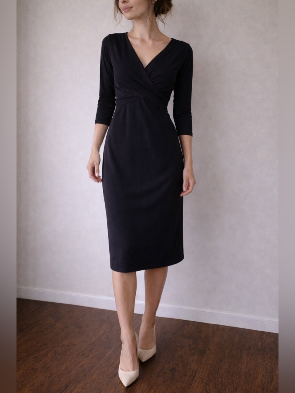 Ann Taylor Black Wrap Midi Dress 3/4 Sleeve V Neck Size 8 Minimalist Workwear